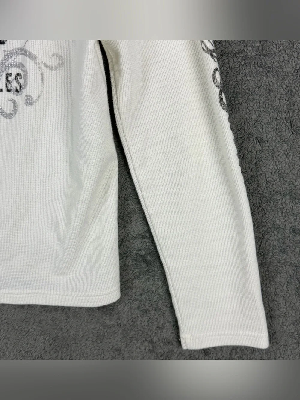 Harley Davidson White Cream Waffle Lace Up Skull Thermal Hoodie Women's Large - Picture 10 of 15